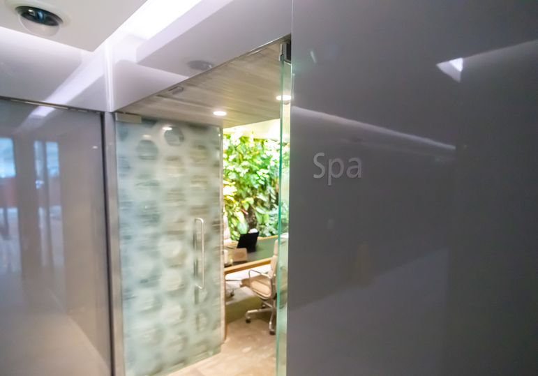 A preflight haven: the entrance to the Qantas First Lounge spa, Melbourne.